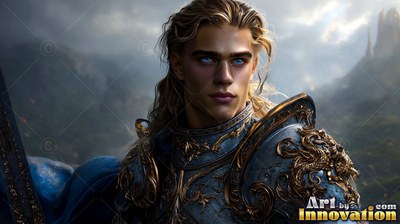 A blond man wearing steel armor stands outdoors with blue mountains behind him