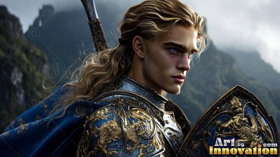 On cloudy mountains, a blond young man wears steel armor plus a blue cloak