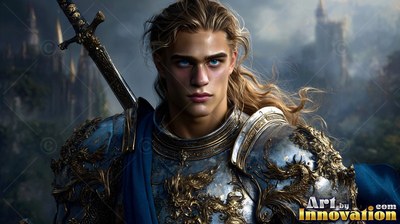 Standing with a sword strapped to his back, a yellow-haired man wears silver plate armor