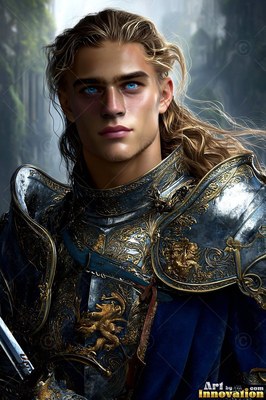 A blond young man in steel and gold plate armor with blue eyes