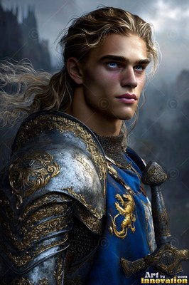 Gold patterns trim the steel armor of a man with blond hair standing before misty gray mountains
