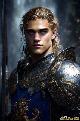 A man with blond hair stands in steel plate armor, looking ahead in soft blue light