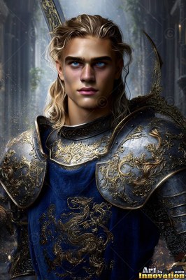 Facing forward in a stone hall, a fair-haired man wears steel armor and blue cloth