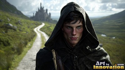 A hooded young man walks down a dirt road leading away from a gray castle