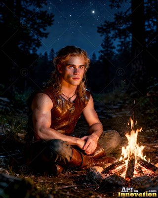 In a dark forest at night, a blond young man sits by a small campfire