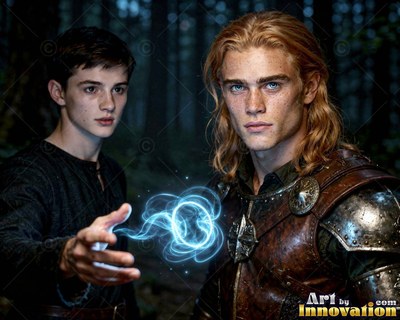 Casting blue sparks, a young man stands with an armored man in a dark wood
