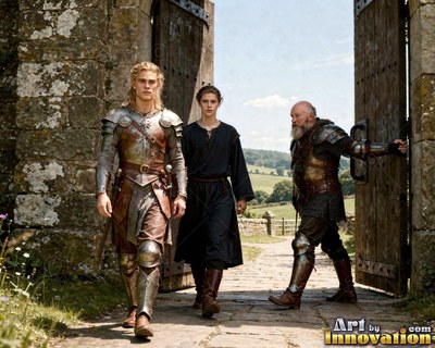 Wearing scratched plate armor, a young fair-haired man walks past stone gates with two men into the sun