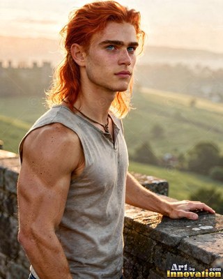 A red-haired man leans on a stone wall overlooking hills in pale morning light