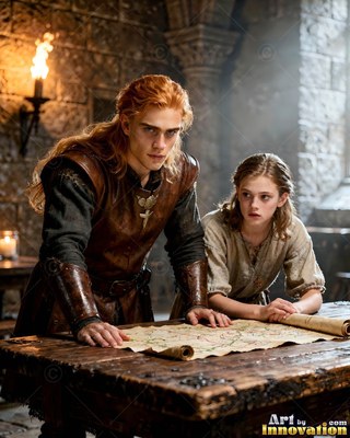 Leaning over a table in a stone hall, a red-haired man studies a map