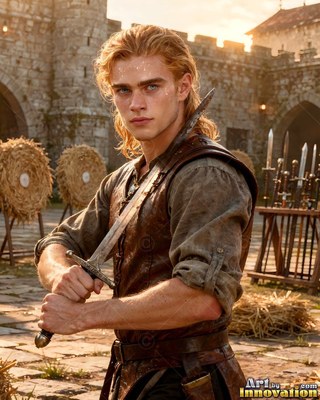 A blond young man in a leather vest holds a sword in a castle courtyard