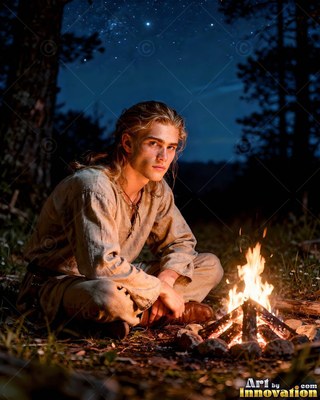 In a dark forest at night, a young fair-haired man sits cross-legged by a small campfire