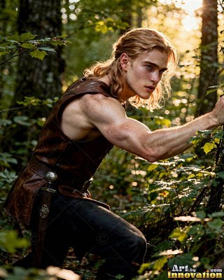 Crouching in the woods, a blond man in a brown leather vest parts the green branches