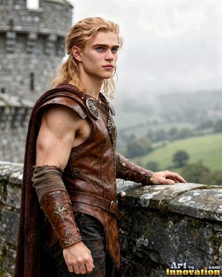 A man with blond hair in brown leather armor stands at a stone castle wall