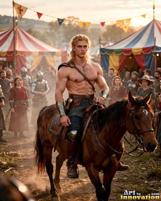A bare-chested blond-haired man rides a brown horse past striped festival tents