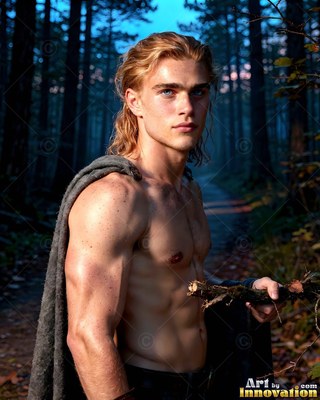 A shirtless fair-haired man stands in a dark forest, warm sunlight on his bare shoulder