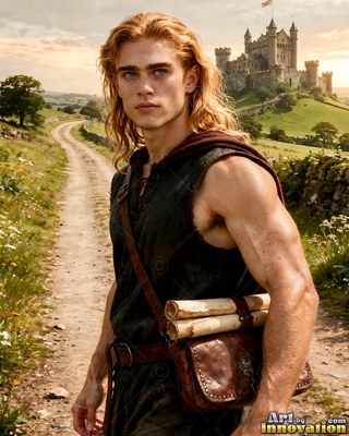 Standing on a dirt path, a young man carries scrolls near a castle hill