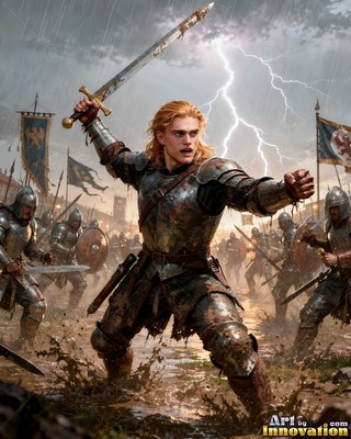 A blond young man in muddy armor raises a sword in the rain as lightning strikes