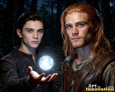 In a dark forest, two young men stand together as one holds a shining orb