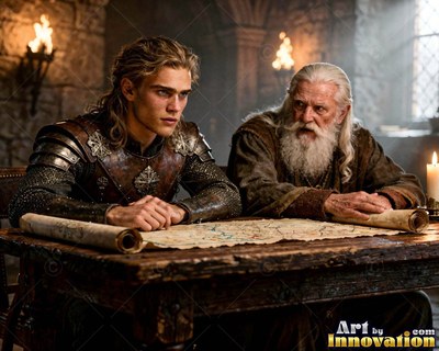 Studying a rolled map, a young armored man sits by an old bearded man at a wooden table