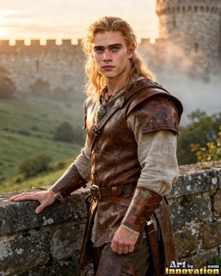 Long blond hair frames a young man in brown leather armor on a stone castle wall