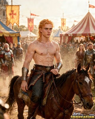 Sitting astride a brown horse, a shirtless young man rides through a medieval camp