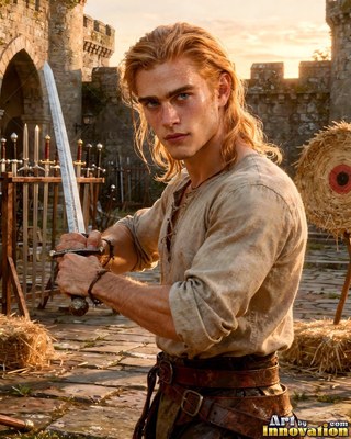 A young blond man in a linen shirt grips a sword in a castle yard