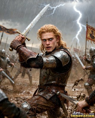 On a rainy battlefield, a blond-haired man in steel armor raises a sword under lightning