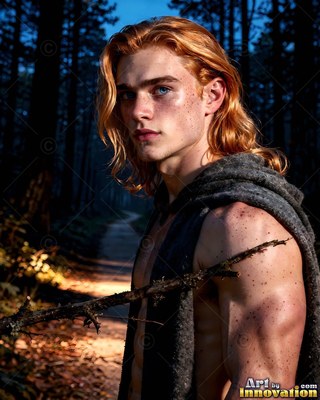 Walking through the dark woods, a shirtless young man with long red hair pauses