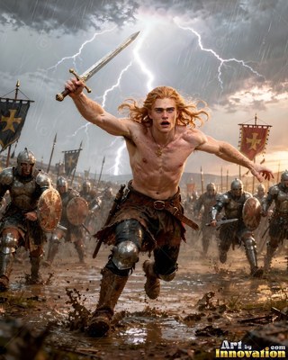 A shirtless man raises a sword and charges through muddy water
