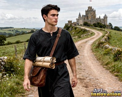 A young man in black walks down a dirt road from a stone castle under pale daylight