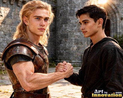 Clasping hands in a stone courtyard, two young men face each other in sunlight