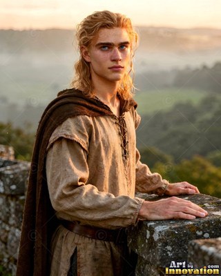 A blond young man in a rough tunic stands by a stone wall at dawn