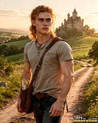 Walking along a sunny dirt road, a young man in a beige shirt passes a distant castle