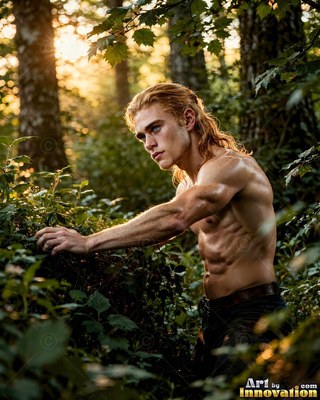 A shirtless young man leans through green forest bushes
