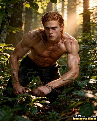 Long reddish hair frames the face of a muscular, shirtless man crouching in a sunlit forest