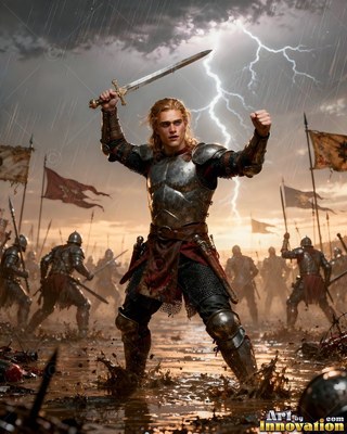 A man in plate armor raises a sword on a muddy battlefield beneath bright lightning