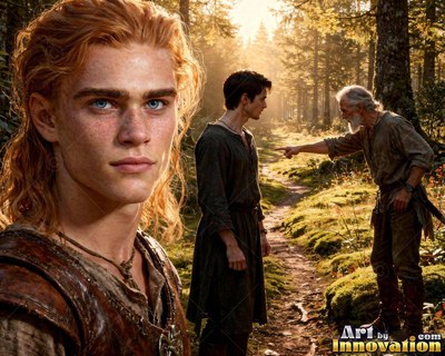 Turned toward the front in a sunlit forest, a red-haired young man stands by two men