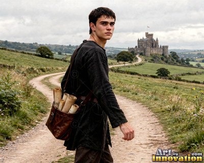 A young man in a dark tunic walks down a dirt road from a stone castle