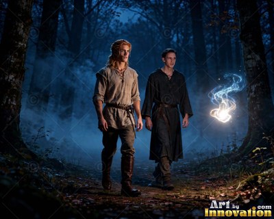 In a dark misty forest, two men walk along a path beside a floating light