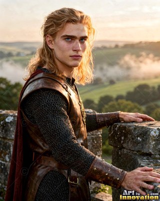 Standing by a stone wall, a blond young man in armor looks out over green hills
