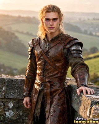 A young man in brown leather armor stands by a stone wall