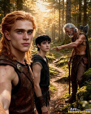 A man in leather armor stands with two others on a sunlit forest trail
