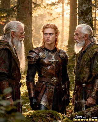 A young man in brown armor stands between two older men in the warm sunlight of a forest