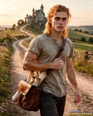 Walking down a dirt path away from a hilltop castle, a young yellow-haired man carries a satchel