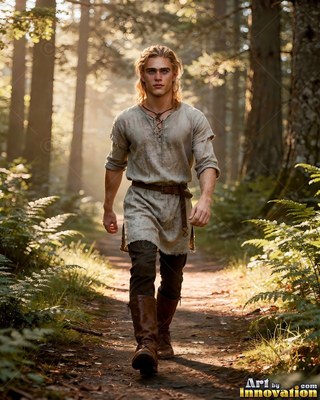A young blond man in a linen tunic walks down a sunny forest path