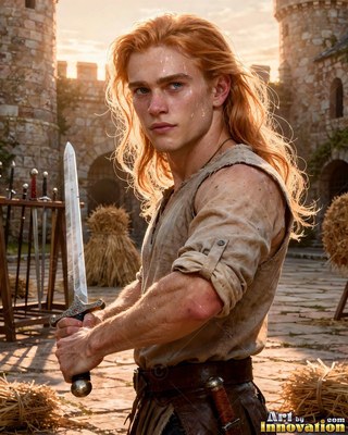 In a stone courtyard, a young man with long reddish hair has a sword in hand