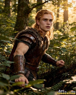 Creeping through green foliage, a young man in brown leather armor looks ahead