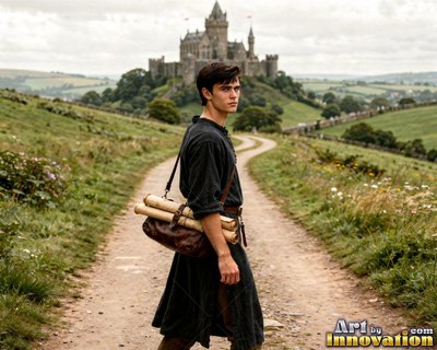 Wearing a dark tunic, a young man walks along a dirt road toward a castle on a green hill