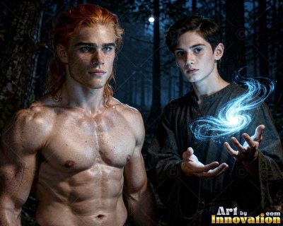 Two young men stand in a dark forest as bright blue light swirls between their hands
