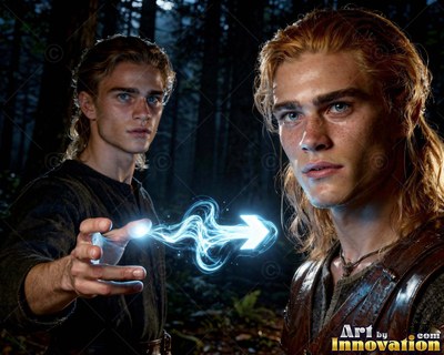 Facing forward in a dark forest, a man casts a blue arrow of light from his hand